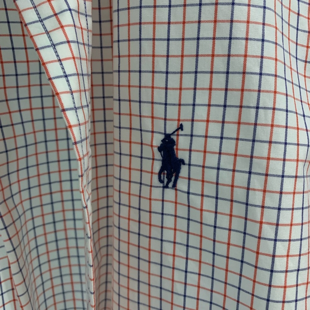 Men’s collared shirt, with blue and orange pattern